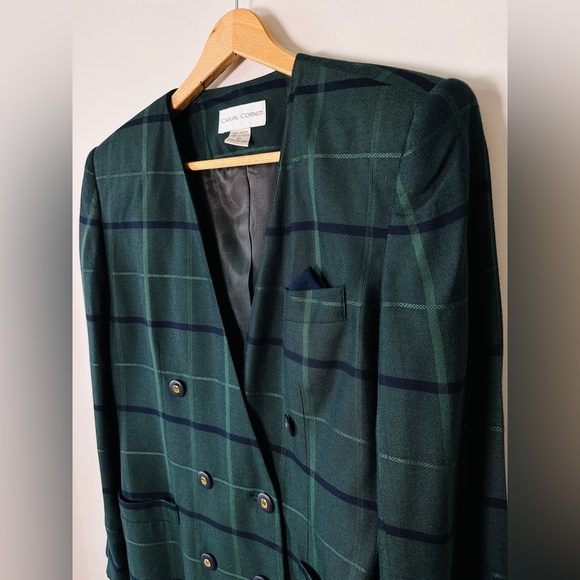 Vintage Green & Dark Navy Window Pane Plaid Double Breasted Blazer Size 10 - Picture 7 of 11